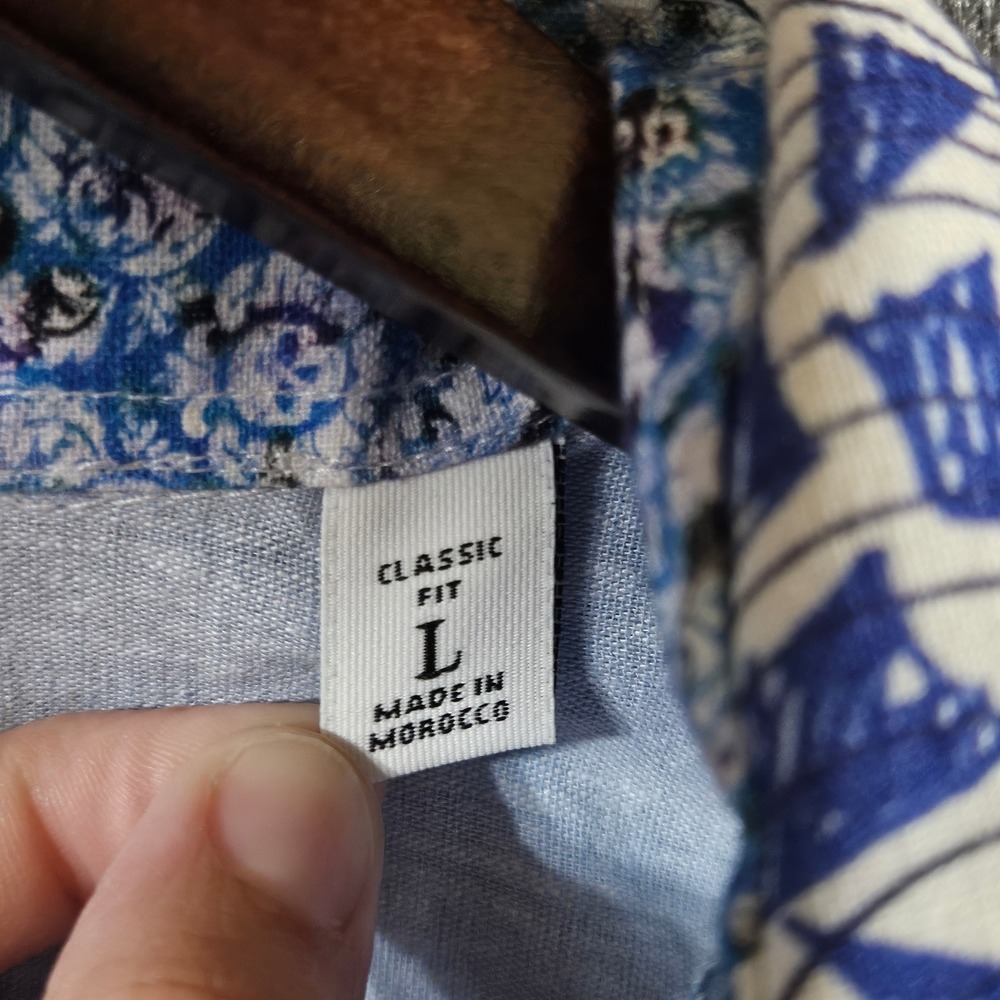 Robert Graham Mens Large Blue White Abstract Linen Cotton Short Sleeve Shirt L - Picture 4 of 8